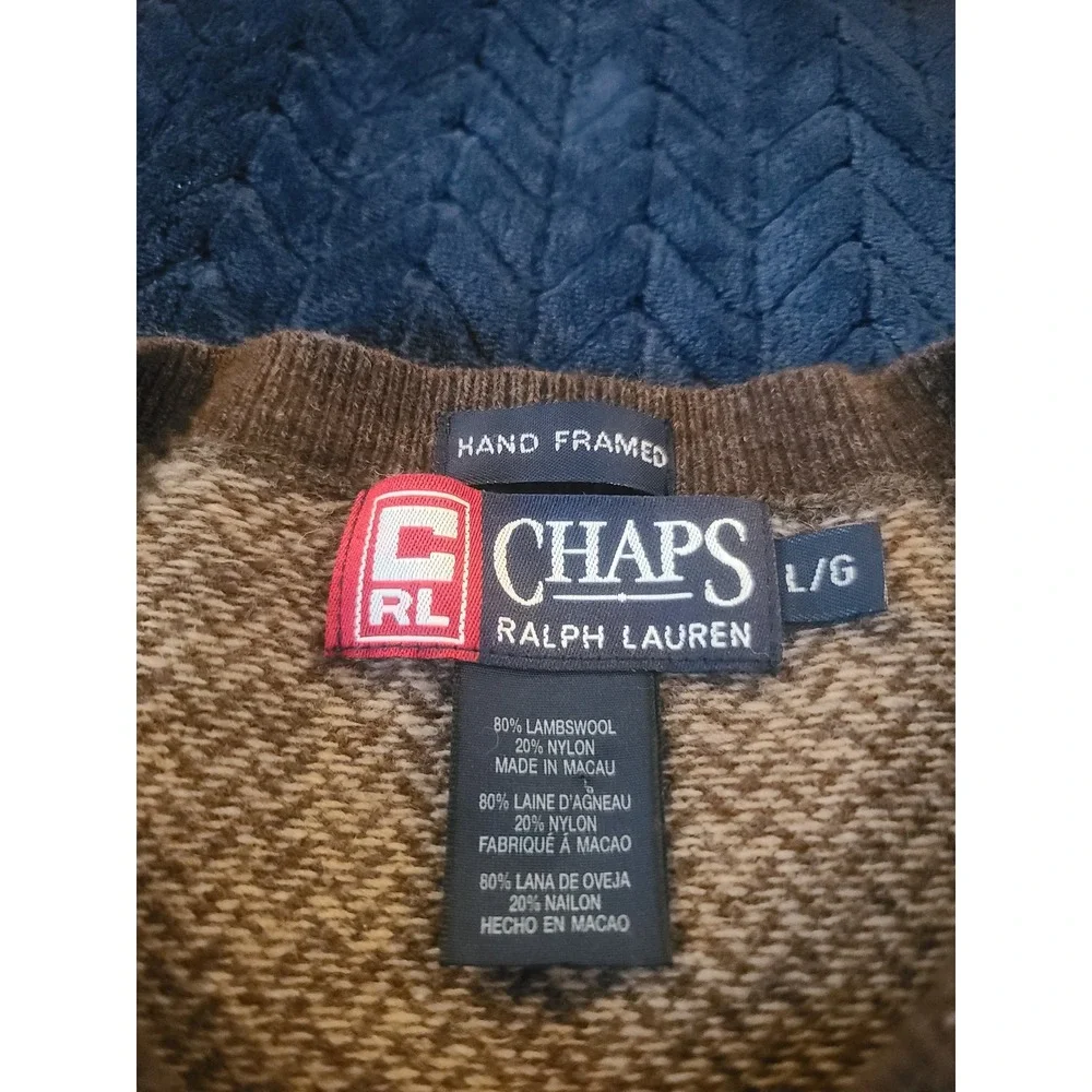 Chaps Ralph Lauren Vintage Lambswool Herringbone Sweater Brown Mens Large L